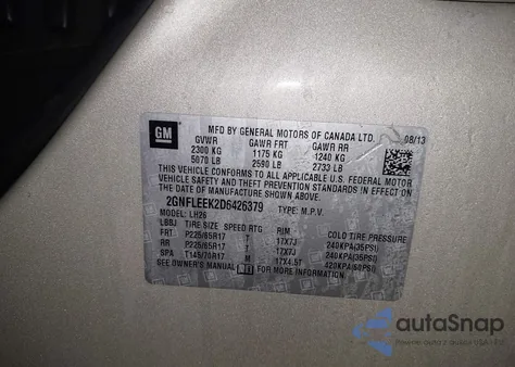 2013 Chevrolet Equinox 1Lt из США, поврежденный, VIN 2GNFLEEK2D6426379